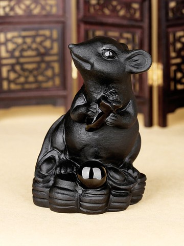 天然黑曜石老鼠擺件生肖吉祥物家居飾品子鼠擺件虎年招財黑色雕塑