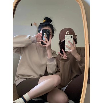 🥐ⓇⒺⓃⒶ｜韓劇藝校生🎨｜大地色加絨大學T_大地色/加絨/秋冬/百搭/寬鬆/大學T【R21051】