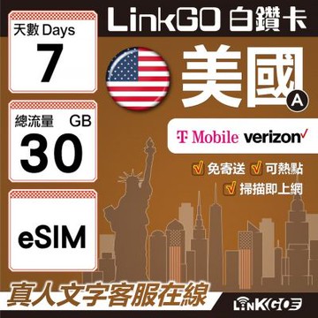 LinkGO白鑽卡 美國A eSIM卡 7天上網卡 總流量30GB  高速流量(美國網卡 舊金山 洛杉磯 紐約 西雅圖)