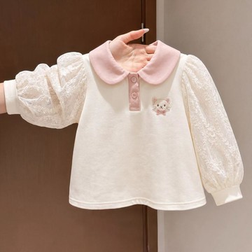 Healthy baby 卡通長袖秋季女童新款春秋兒童打底甜美女寶寶可愛棉刺繡上衣T恤 女童長袖 女童T恤 女童上衣