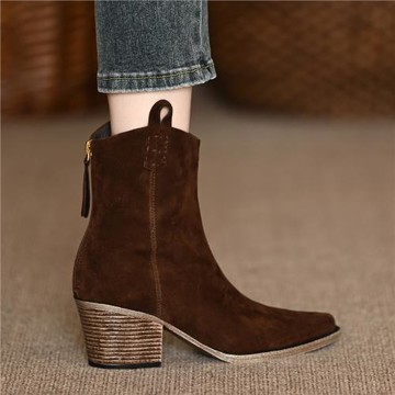 手工真皮女鞋~6CM高跟鞋2024新款復古西部靴磨砂粗跟尖頭短靴女冬