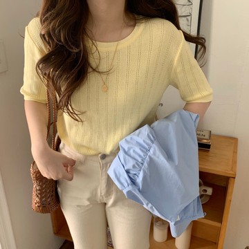 夏裝韓國ins簡約純色微透短袖針織衫女百搭修身短款打底衫女上衣1入