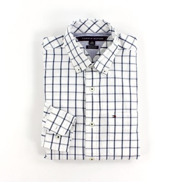 美國百分百【全新真品】Tommy Hilfiger 襯衫 TH 男 上班 長袖 休閒 格紋 深藍 白 XS S F775
