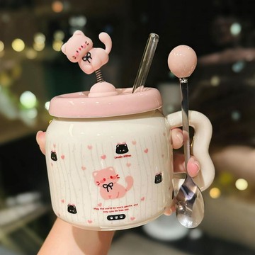 ⭐顯示下殺🔥可愛卡通小貓陶瓷馬克杯帶蓋勺女生辦公室咖啡杯實用水杯生日禮物