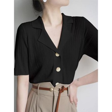 Polo衫V領冰絲針織衫女夏季正肩短袖翻領T恤高級感小香風通勤上衣