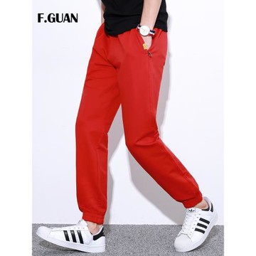 紅色運動褲男春秋新款純色衛褲大碼棉質休閑長褲松緊腰收口束腳褲