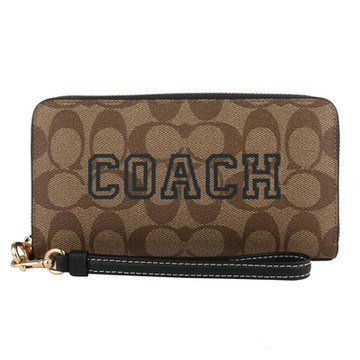 COACH  綠標CAOCH字母防刮皮革拉鍊掛帶長夾(卡其x綠)