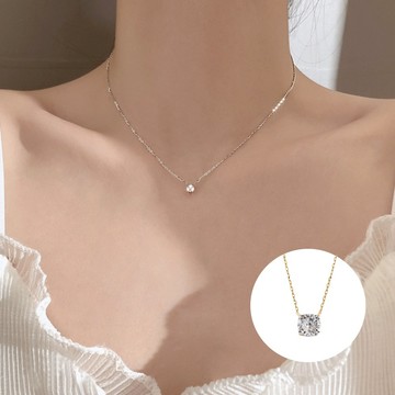 s925純銀秀氣風14K金鋯石鎖骨項鏈 -白金 附馬卡收納盒