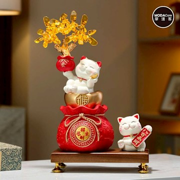 摩達客◉開運招財◉精緻紅色招財進寶聚寶盆八方來財招財貓金錢樹擺飾組_客廳玄關臥室好風水好運勢