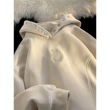 美式復古刺繡排扣連帽衛衣男女小眾設計感寬松高街痞帥情侶裝外套