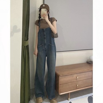 牛仔褲 背帶褲 工裝褲 連體褲 寬鬆牛仔褲 桔梗牛仔揹帶褲女夏新款減齡直筒寬鬆高腰顯瘦闊腿工裝連體褲