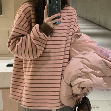 韓版粉色條紋長袖衛衣女早秋新款慵懶休閒寬鬆百搭圓領T恤上衣潮长袖打底衫女生长袖T恤休闲宽松上衣女生上衣