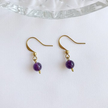 古典串珠。天然紫水晶 黃銅耳環 手作 垂墜耳環 耳夾 招財 貴人運