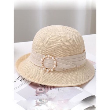防曬帽子女士氣質針織禮帽時尚百搭遮陽帽盆帽珍珠扣漁夫帽太陽帽