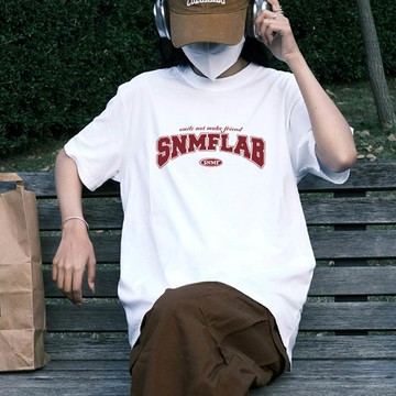 MXIAN - 純棉寬版印花T恤-休閒字母-白色