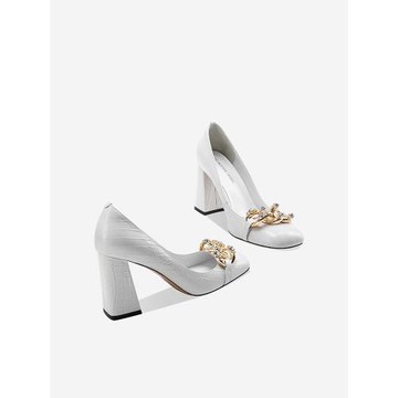 真皮淺口單鞋女鞋2026春季新款方頭一腳蹬法式粗跟婚鞋白色高跟鞋