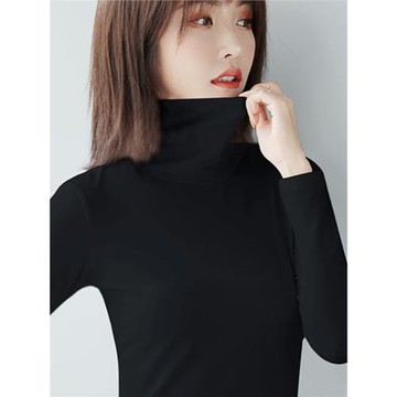 黑色高領打底衫女秋冬加絨洋氣純棉內搭堆堆領長袖修身t恤上衣潮