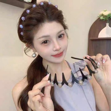 珍珠波浪髮箍女款2024新款洗臉發卡高顱頂蓬鬆紋理帶齒梳防滑頭箍