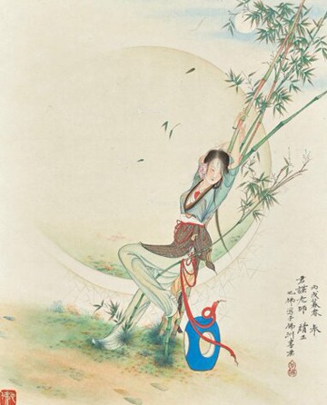 胡也佛倚竹美人立軸40X49仿古畫復制微噴字畫人物畫仕女圖中國畫