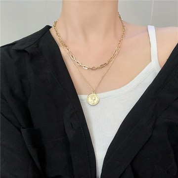 現貨-歐美ins復古人像嘻哈金色多層疊戴錢幣項鍊個性短款頸鍊少女-D59