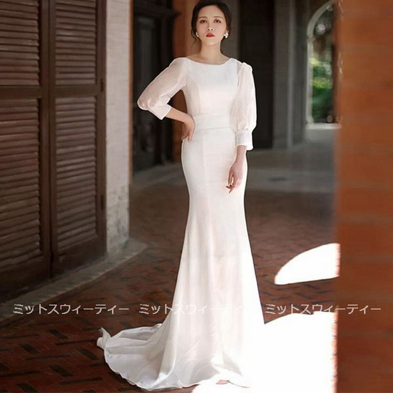ウェディングドレス 白 スレンダードレス 海外挙式 花嫁 二次会 バルーンスリーブ パーティードレス 披露宴 ブライダル シンプル 結婚式 ロングドレス 袖あり 通販 Lineポイント最大get Lineショッピング