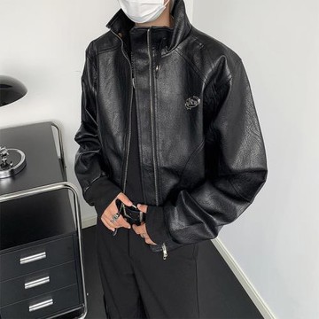 復古PU皮機車夾克男士短款早秋季寬松廓形寬墊肩立領皮衣工裝外套