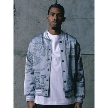 GRAF原創品牌【做舊水彩】花卉長頸鹿女神保佑夾薄棉灰棒球緞夾克