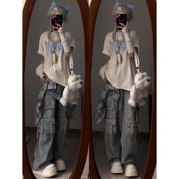 美式亞文化y2k設計感工裝牛仔褲女秋冬高腰顯瘦闊腿褲子大碼胖mm