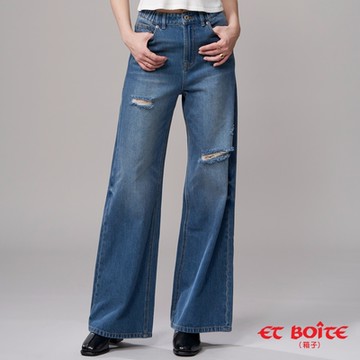ETBOITE 箱子 BLUE WAY – 無彈高腰鬆緊丹寧大寬褲(中藍)