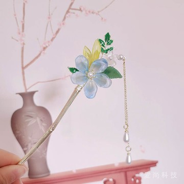 古風藍色桃花流蘇髮簪 高級感 小衆氣質盤髮簪子 步搖古裝頭飾髮釵女