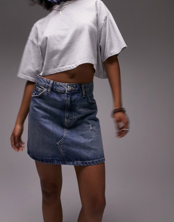 Topshop high waist denim skirt in mid blue