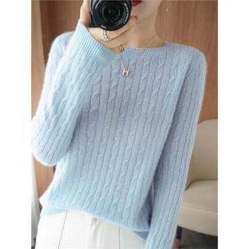 春季羊毛衫女低圓領超薄鑲鉆打底衫扭花寬松套頭洋氣針織羊絨衫