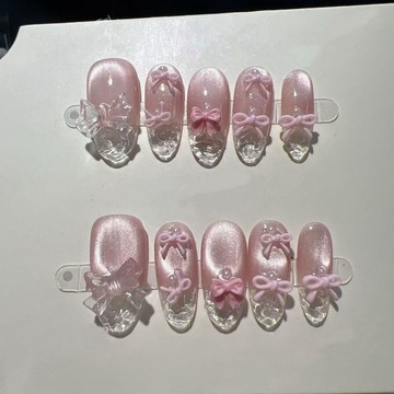 台灣-超低價純手工美甲【一顧傾城】新品爆款蝴蝶結美甲純手工定制粉色貓眼可拆卸顯白大方甜美美甲