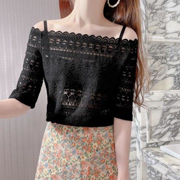 一字領蕾絲短袖t恤女鏤空別致小衫上衣內搭薄紗衣短款網紗打底衫