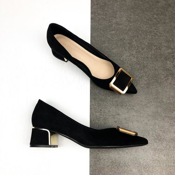 黑色職業通勤淺口尖頭粗跟單鞋女中跟2025年新款春氣質工作高跟鞋