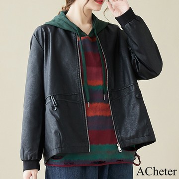 【ACheter】文藝范純色PU皮衣寬鬆顯瘦百搭長袖短版拉鍊外套# 119896  (現貨+預購)