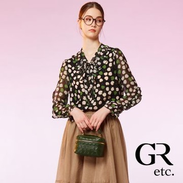 【GLORY21】網路獨賣款-etc.櫻桃印花蝴蝶結荷葉領上衣-黑色