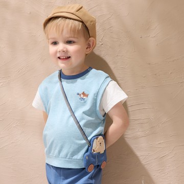 PIPPY悠閒立體開車小熊織帶包假兩件式短袖上衣 藍