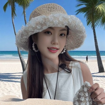 海邊度假🌟 蕾絲遮陽係帶草帽夏季超僊珍珠防曬法式碎花海邊沙灘遮陽帽森女沙灘帽 防曬帽