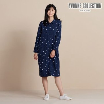 YVONNE 以旺傢飾 刷毛波點印花開釦長袖洋裝-深丈青