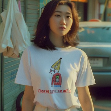 turn me off 中性短袖 T恤 白色 手繪設計美式休閒寬鬆團服活動禮物潮T插畫可愛工作休息