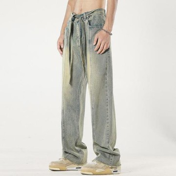 黃泥牛仔褲男春秋直筒休閑褲水洗做舊美式復古vibe高街褲子夏褲薄