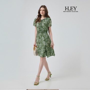 ILEY伊蕾 V領收腰印花雪紡洋裝(深綠；M-2L)