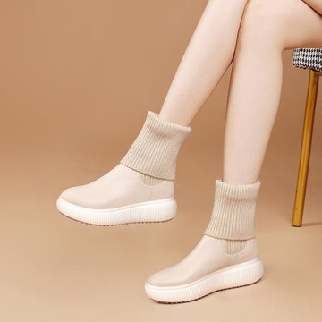 厚底短靴女靴2025秋冬時尚新款真皮軟底短筒靴裸靴鞋圓頭毛線女鞋