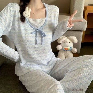 【台灣出貨】帶胸墊黑色條紋睡衣女春秋季新款韓系ins長袖長褲冬天家居服套裝睡衣女生睡衣大碼睡衣居家睡衣韓國居家服睡衣女生