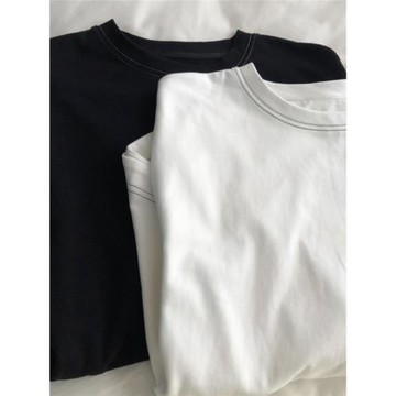 小眾明線 磨毛300克水洗棉慵懶簡約長袖T恤圓領寬松百搭中長款白t