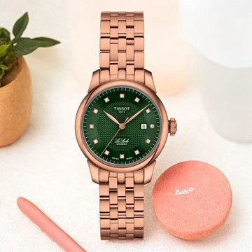 TISSOT 天梭 官方授權 T006.207.33.096.00 Le Locle 力洛克 真鑽機械女錶 暑期質感選物 送禮首選-綠x玫瑰金/29mm T0062073309600