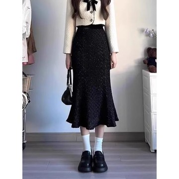 高腰毛呢半身裙女春秋季2024新款小個子中長款氣質法式包臀魚尾裙