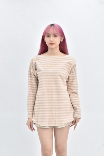 (XL) 條紋杏色長袖上衣