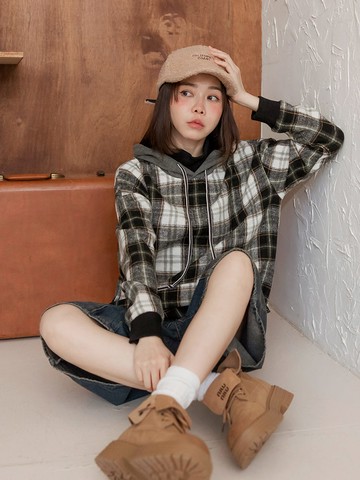 保暖復古毛呢拼格連帽上衣